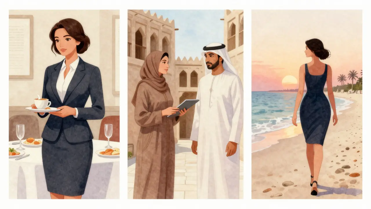 Three professional companions in Dubai: one at a business event, one in a historic alley, one walking on the beach.