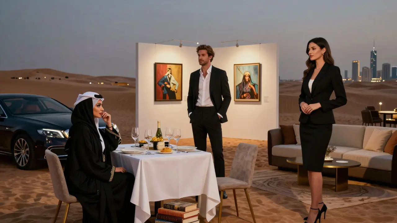 Three types of companions in luxury settings—desert, gallery, and lounge—each representing emotional connection.