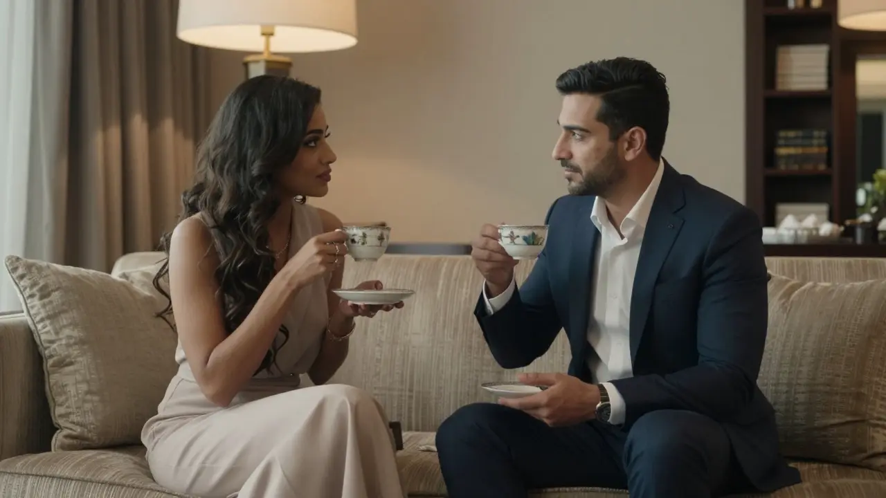 Two people sitting calmly in a luxury hotel suite, sharing tea with respectful distance and quiet connection.