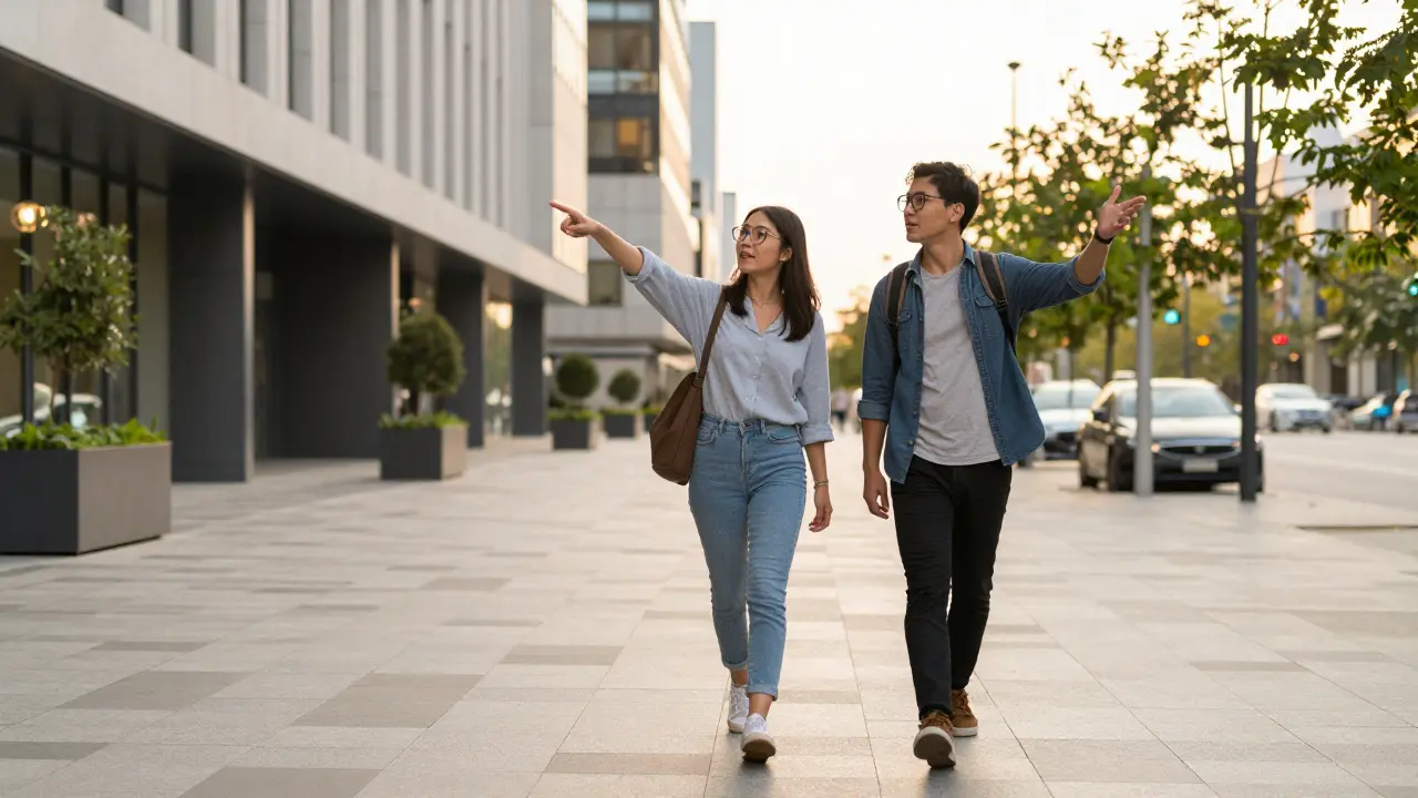 Two people walking through a modern city plaza during sunset.