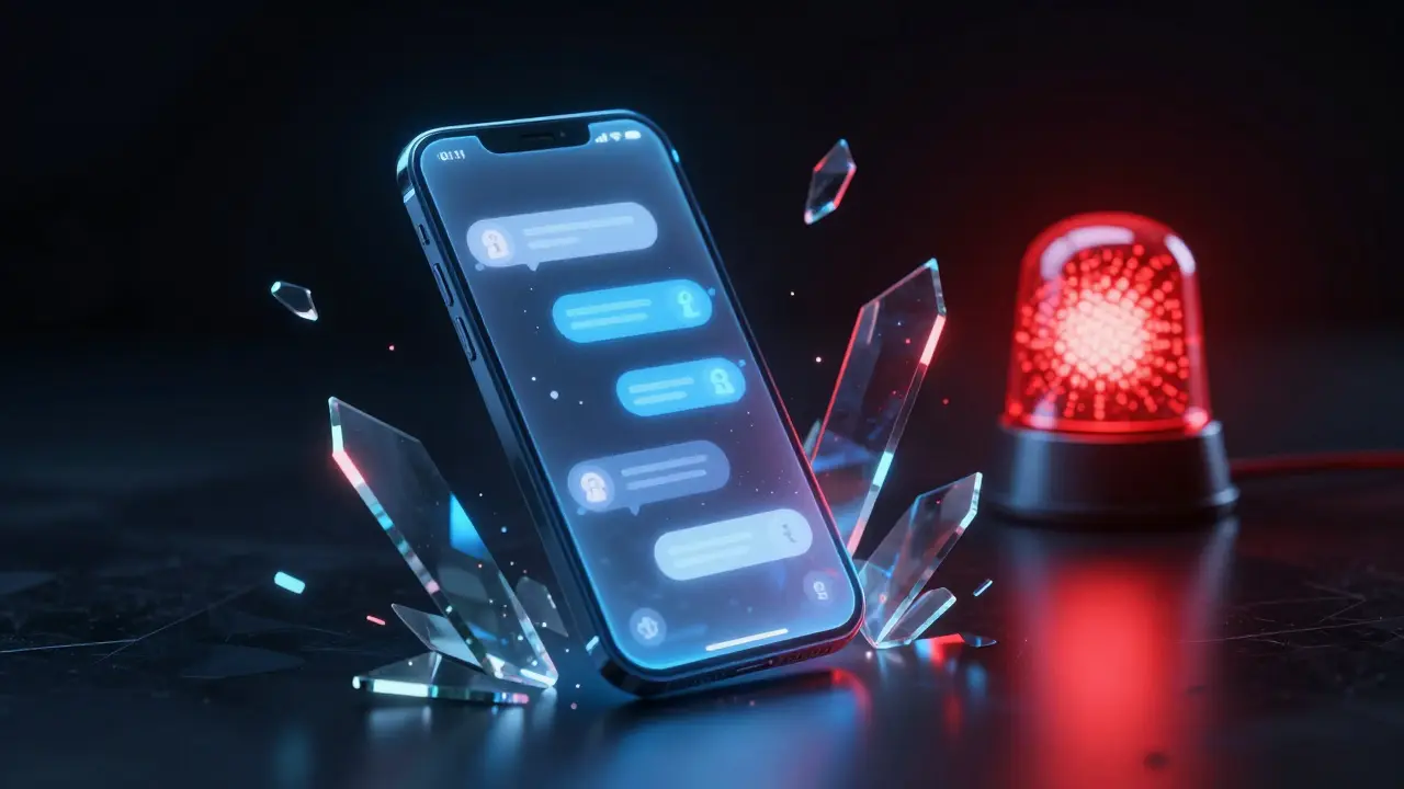 A conceptual image of a smartphone surrounded by police lights and digital shards.