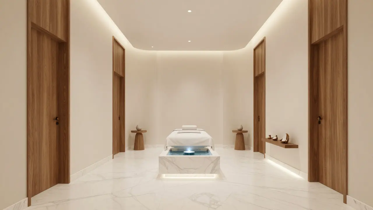 A luxurious and serene licensed spa interior with white marble and warm lighting.