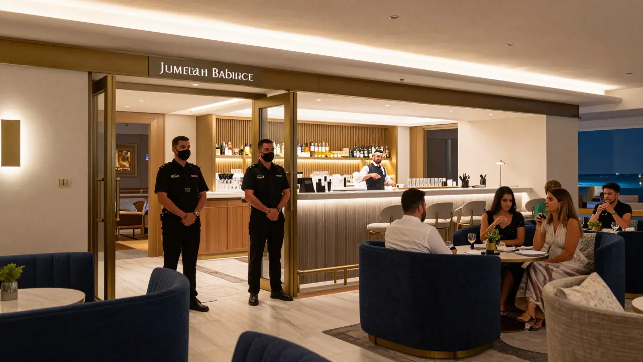 Interior view of licensed upscale lounge with bar and security staff present