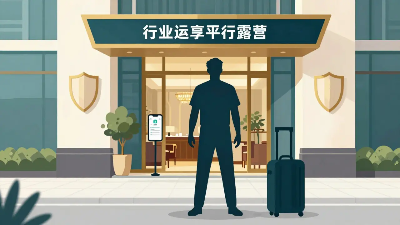 Traveler standing outside hotel lounge with safety awareness concept